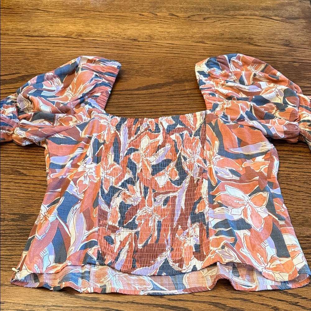 Nine West Floral Puff Sleeve Square Neck Coquette Blouse XL